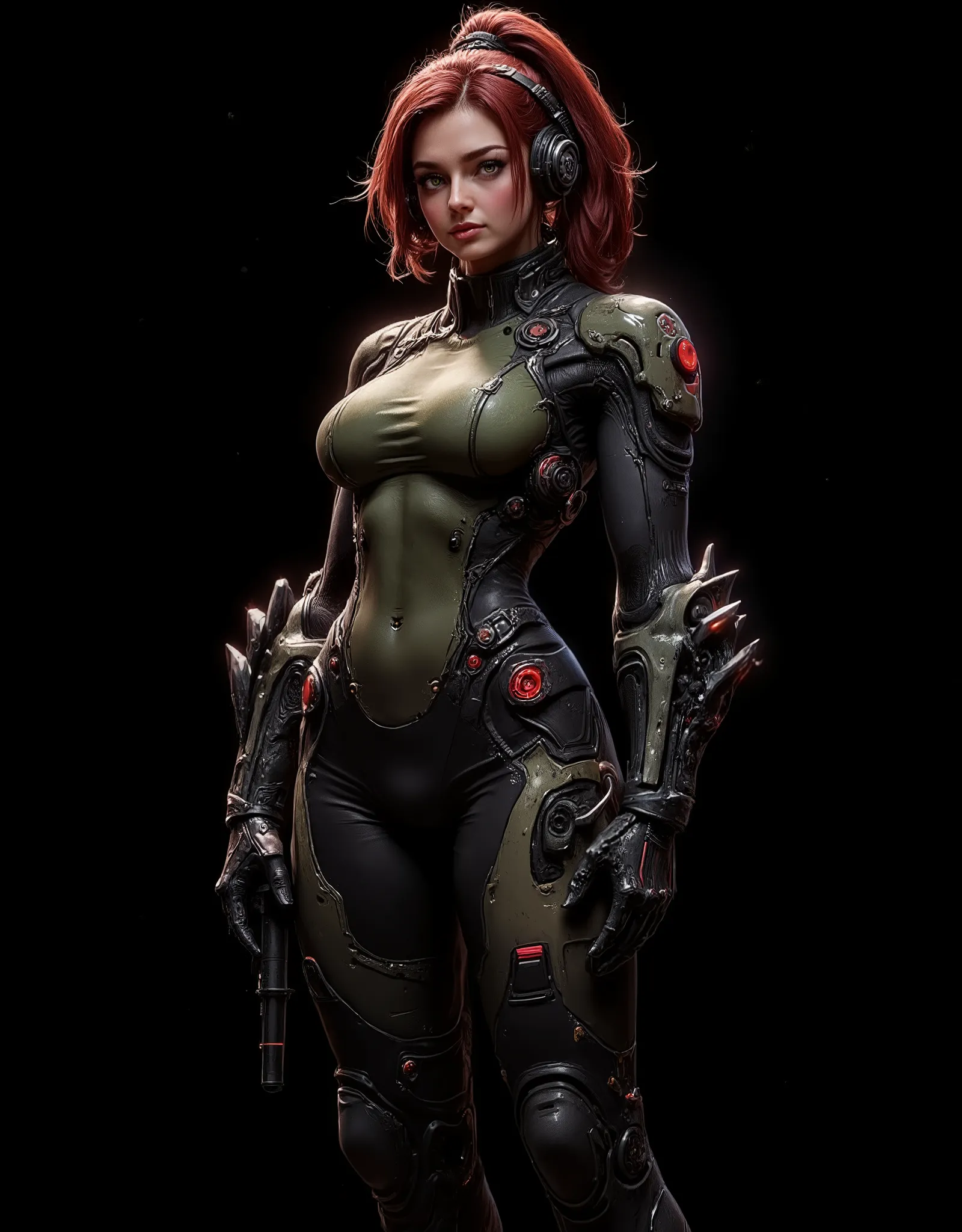 Full back shot of a 20 year old woman, high quality, 4k, she is a futuristic warrior, very pretty, redhead with abundant hair and a ponytail that reaches her waist, her wavy hair falls over her small breasts. Tiny chest, very small chest, bangs, very detai...
