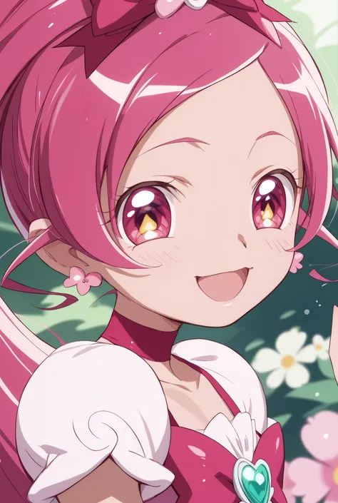 Heart Catch Pretty Cure、cute、cure blossom、beautiful background、 Slim、Small breasts、Shiny on the skin、 happy、cuteポーズ、 close angles to the face 、