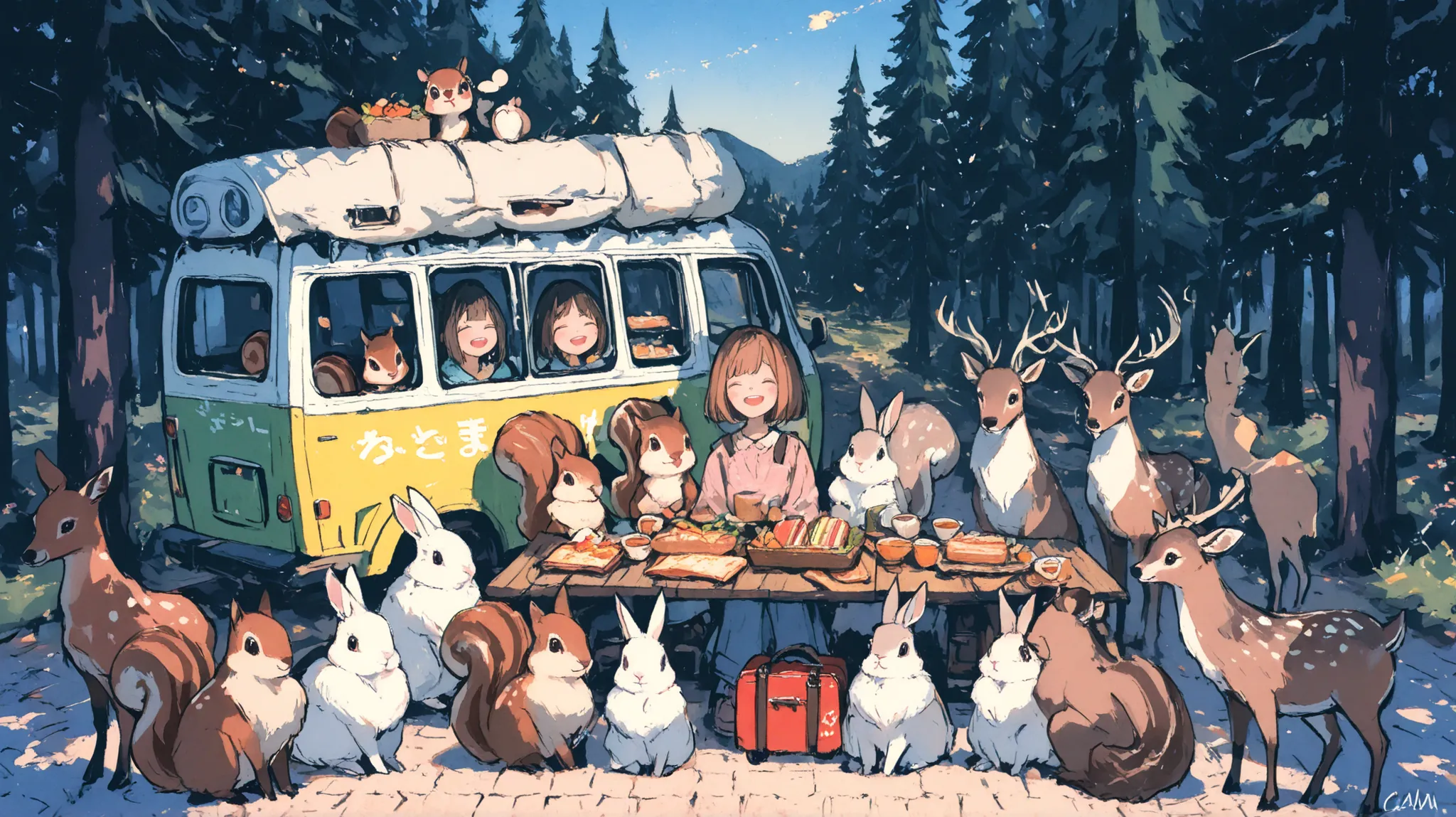 sharing a peaceful outdoor meal with friendly forest animals like rabbits, Sharing a peaceful outdoor meal with friendly forest animals like rabbits, 、squirrel , deer, and some birds, A cozy camper van with a chimney and luggage on the roof is parked nearb...