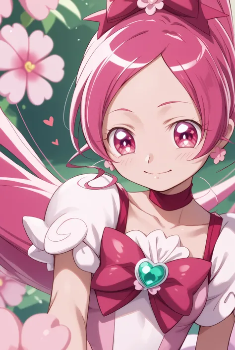 Heart Catch Pretty Cure、cute、cure blossom、beautiful background、 Slim、Small breasts、Shiny on the skin、 happy、cuteポーズ、 close angles to the face 、I have Blossom Tact、