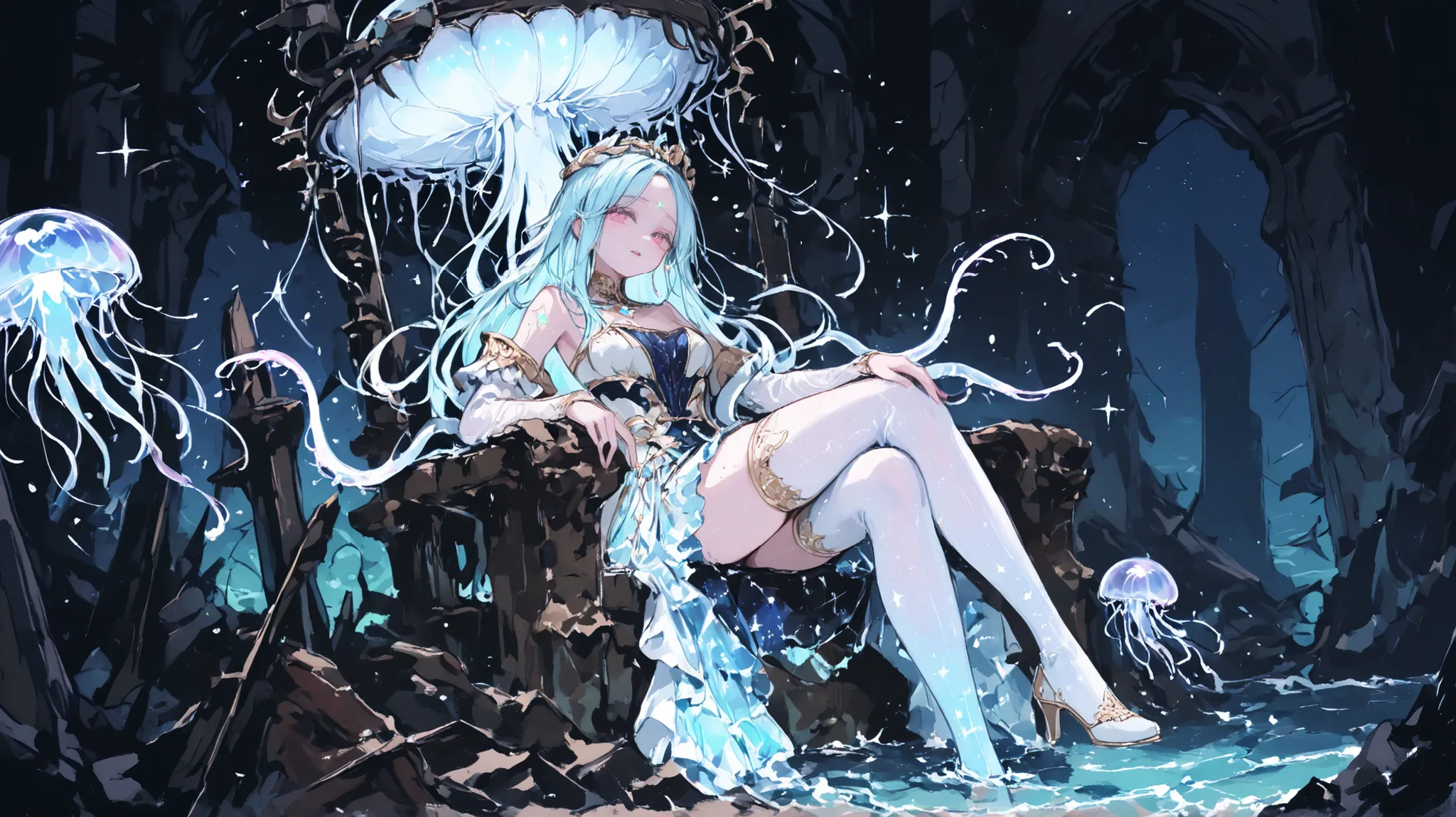 the goddess of the deep sea relaxing on the shipwreck throne, Her bioluminescent stockings are wavy like jellyfish tentacles.showing a sparkling tattoo of civilization that sank to her thigh