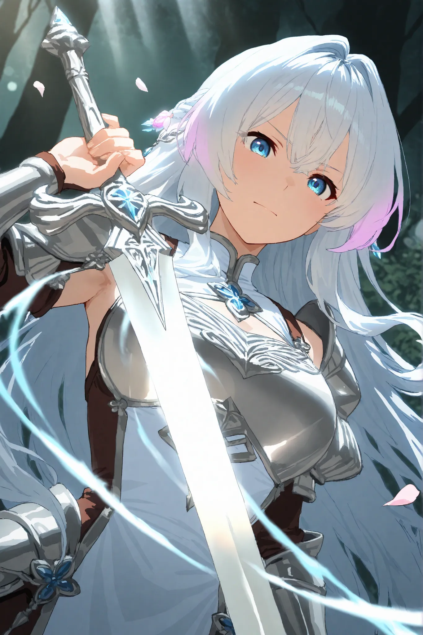 long flowing silver-white hair with soft lavender highlights styled in loose waves cascading down her back, large expressive pale blue eyes with determined intense gaze, smooth fair skin with subtle rosy undertones, ornate silver and sapphire filigree armo...