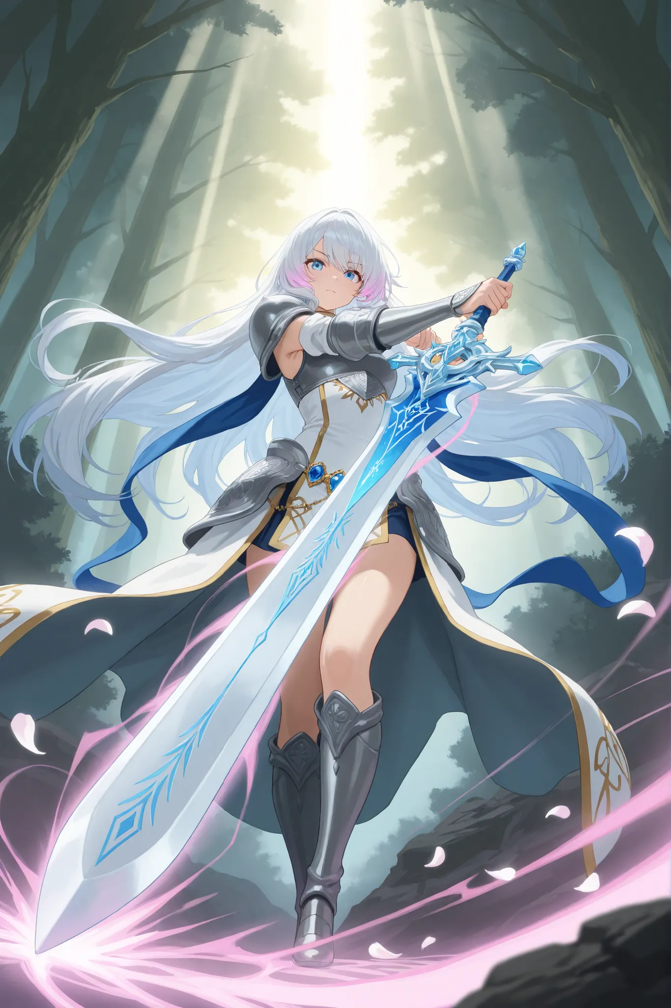 long flowing silver-white hair with soft lavender highlights styled in loose waves cascading down her back, large expressive pale blue eyes with determined intense gaze, smooth fair skin with subtle rosy undertones, ornate silver and sapphire filigree armo...