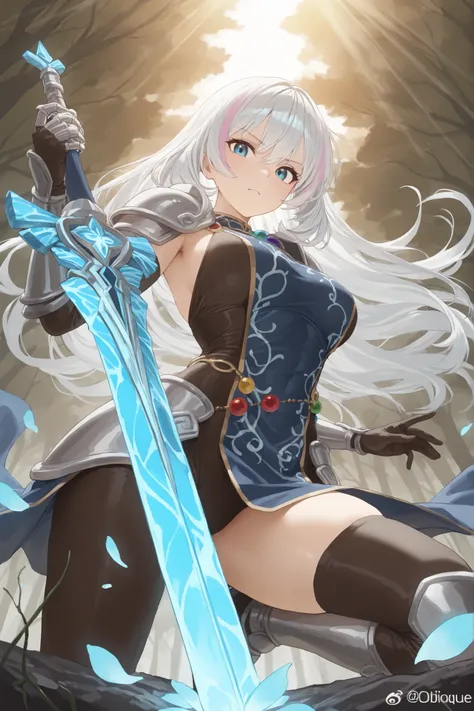 masterpiece, best quality, ultra high definition, high resolution, noise-free, (slender woman with firm medium-sized breasts:1.2), long flowing silver-white hair with soft lavender highlights styled in loose waves cascading down her back, large expressive ...
