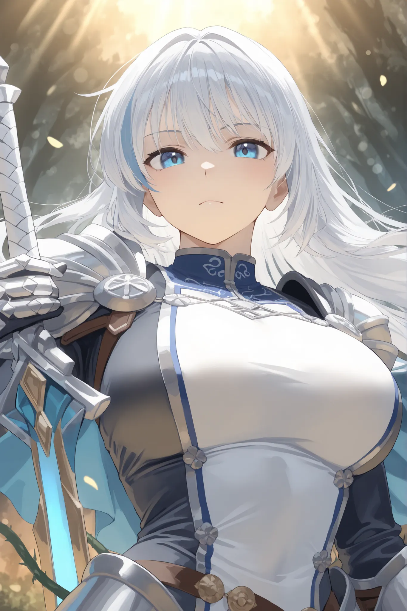 masterpiece, best quality, ultra high definition, high resolution, noise-free, (slender woman with firm medium-sized breasts:1.2), long flowing silver-white hair with soft lavender highlights styled in loose waves cascading down her back, large expressive ...
