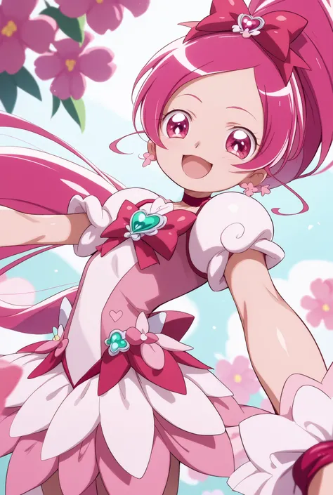 Heart Catch Pretty Cure、cute、cure blossom、beautiful background、 Slim、Small breasts、Shiny on the skin、 happy、happy、cuteポーズ、angle from below、