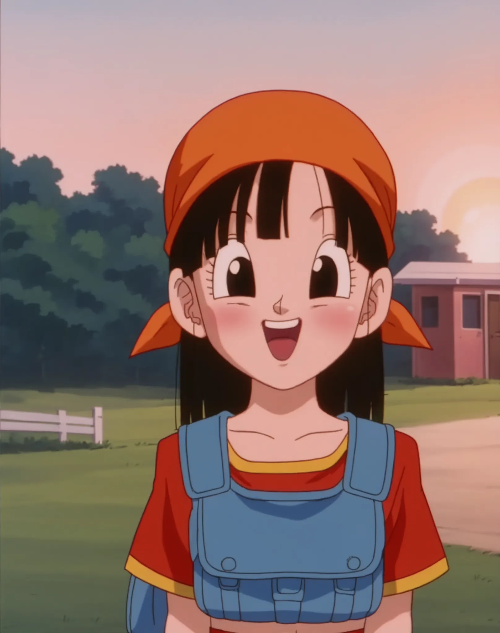 source_anime, score_9, score_8_up, score_7_up, anime screencap,
pangt, 1girl, smile, bangs, happy, blushing, grass, black hair, sunset, Watching the sunset, beach in open sea sunset, sun, collarbone, whole body, teeth, blunt bangs, outdoors, black eyes, e...