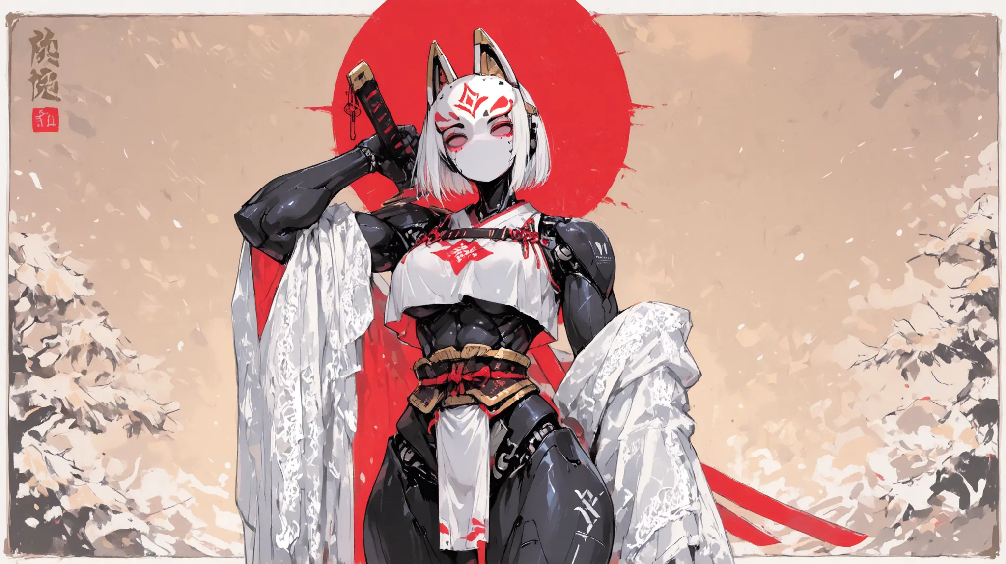 masterpiece, Ultra High Definition, 8k, single female android, front view, is facing forward, center position, middle, solo, chest, big chest, huge chest, chest bigger than head, black android body, No mouth, Robotic Body, Cowboy Shot, empty red eyes, Sh...