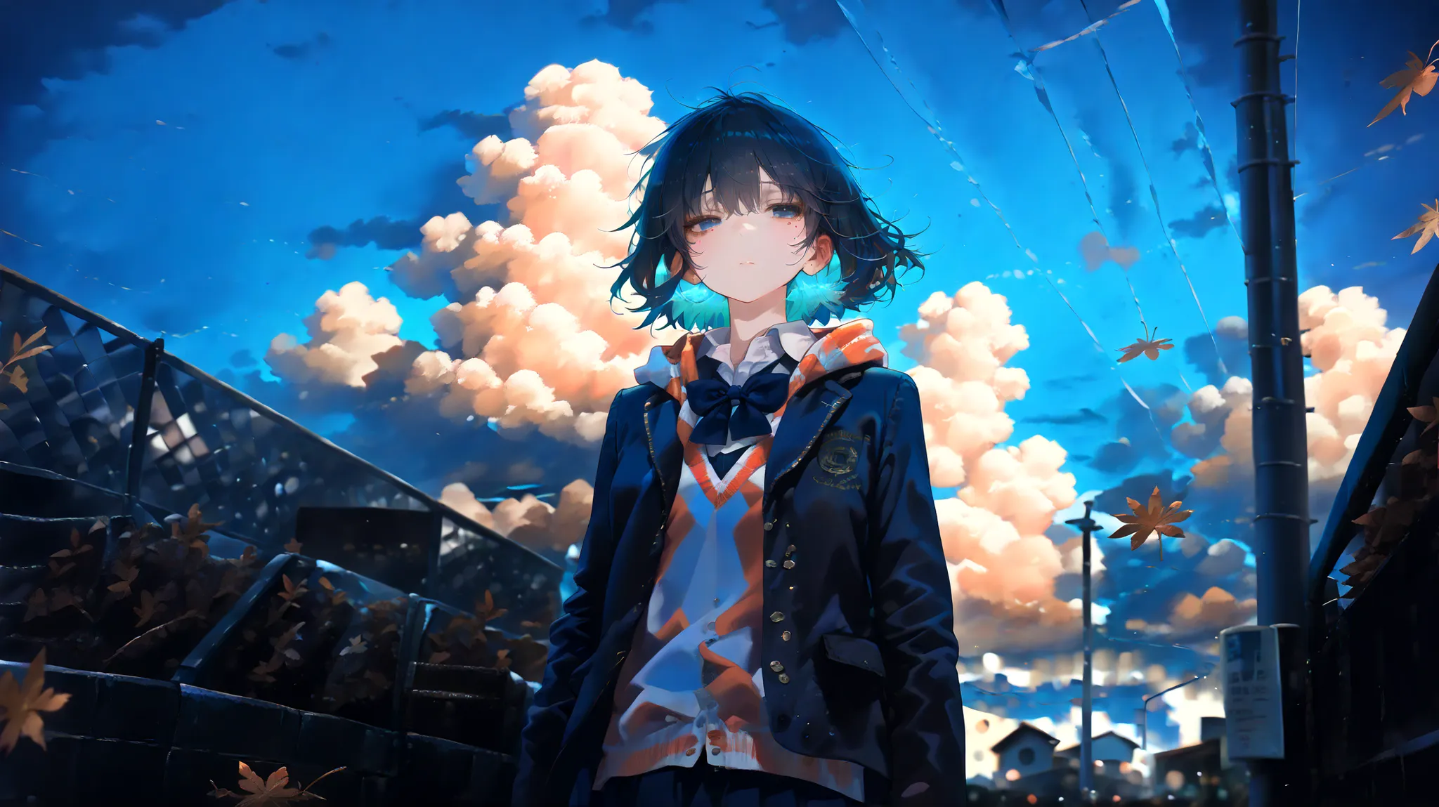 1girl, school uniform, walking alone on a quiet suburban street, cloudy sky, fallen leaves on the sidewalk, looking down, introspective mood, soft wind, slight shadow under eyes, (((masterpiece))), (((best quality))), (8k), (detailed illustration), (((deta...