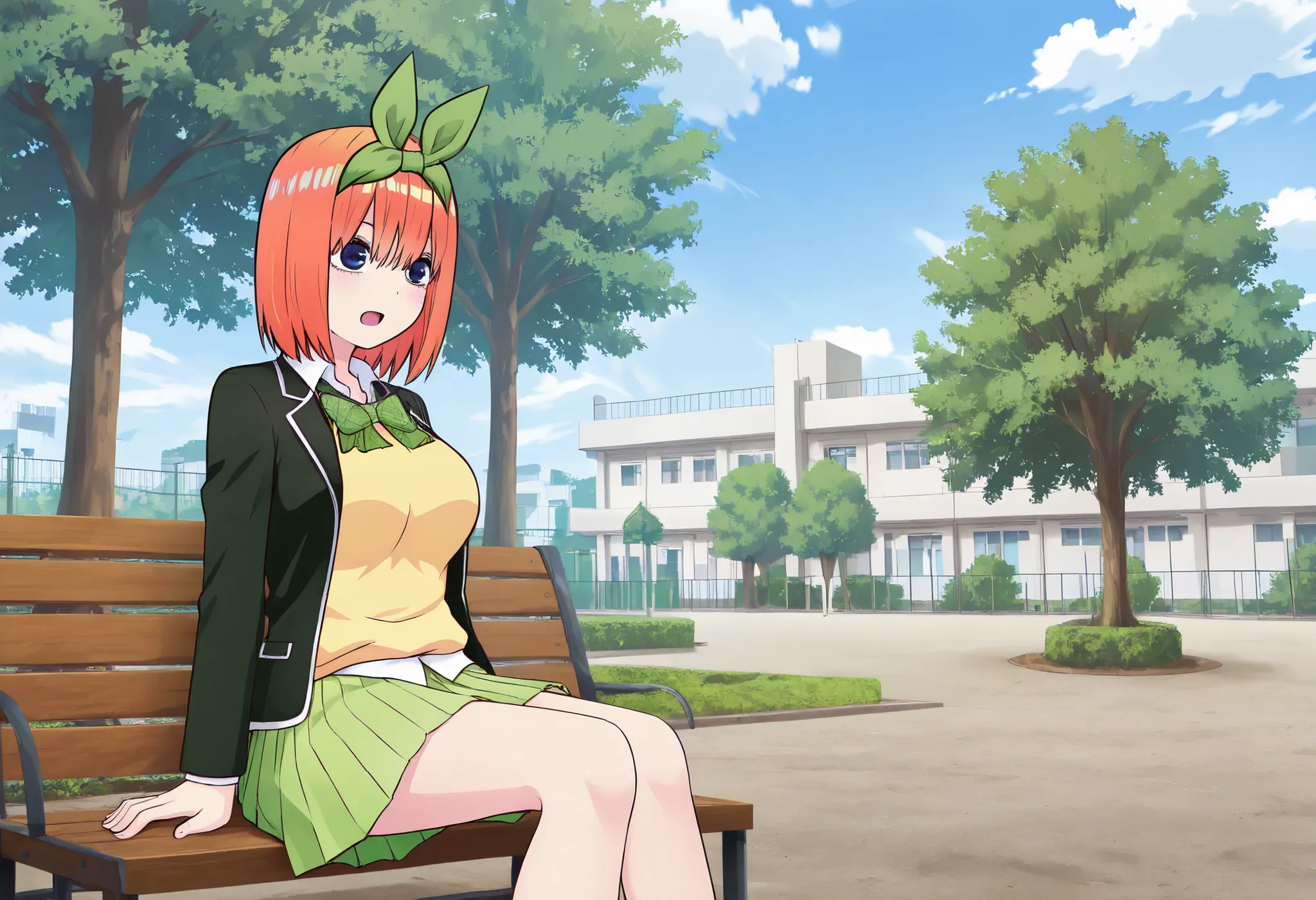 1girl,unwellness sickness nakano yotsuba, large breasts, orange hair, blue eyes, short hair, hair between eyes green bow hairband, black blazer, open blazer, yellow sweater vest, white collared shirt, bowtie, plaid bowtie, green skirt, pleated skirt,koutei...