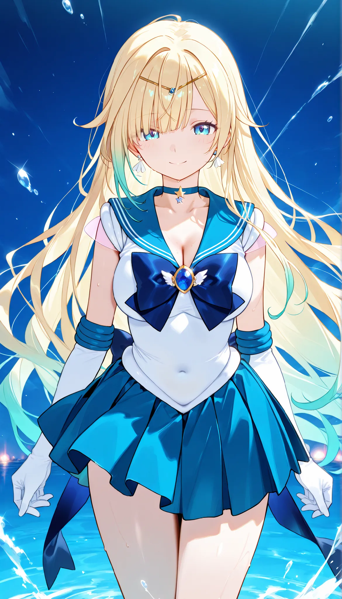 masterpiece, score_9, score_8_up, score_7_up, anime, pinup, Max Masterpiece, full twinkle, perfect face, best quality, high resolution, 1 girl, aizawa ema, 1girl, virtual youtuber, blonde hair, aqua hair, gradient hair, long hair, very long hair, blunt ban...