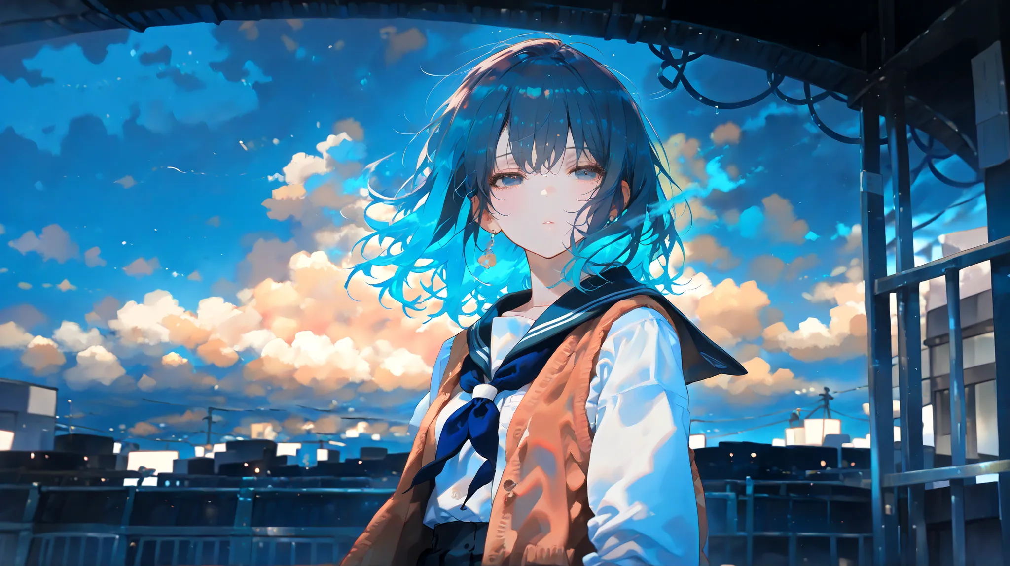 1girl, standing still under a cloudy gray sky, empty field or open rooftop, distant gaze, soft wind blowing hair slightly, school uniform or simple casual wear, quiet solitude, moody atmosphere, (((masterpiece))), (((best quality))), (8k), (detailed illust...
