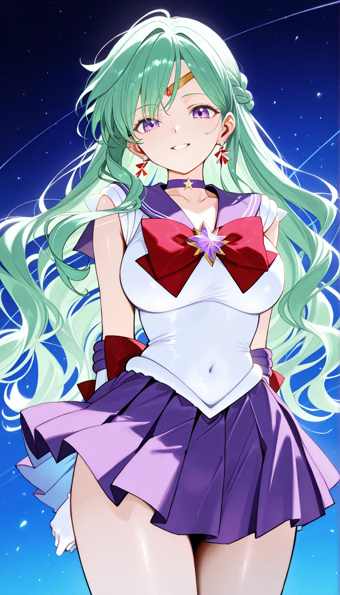 masterpiece, score_9, score_8_up, score_7_up, anime, pinup, Max Masterpiece, full twinkle, perfect face, best quality, high resolution, YakumoBase, 1girl, virtual youtuber,  green hair, long hair, wavy hair, side braid, parted bangs, purple eyes, purple ha...