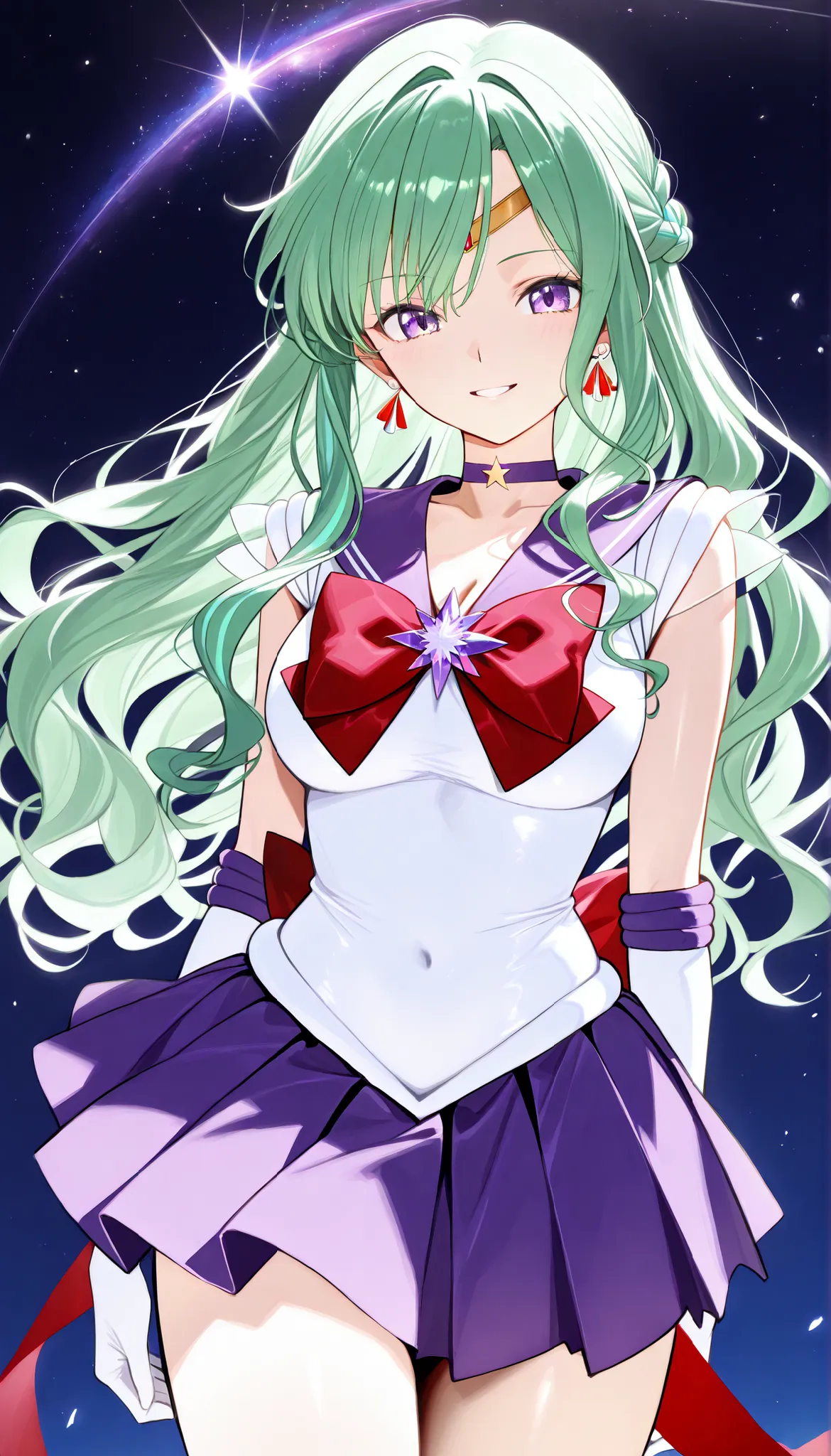 masterpiece, score_9, score_8_up, score_7_up, anime, pinup, Max Masterpiece, full twinkle, perfect face, best quality, high resolution, YakumoBase, 1girl, virtual youtuber, green hair, long hair, wavy hair, side braid, parted bangs, purple eyes, purple ha...