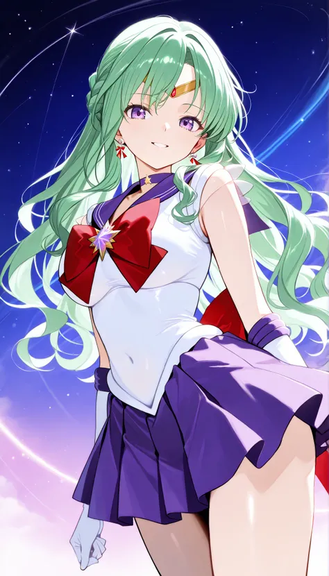 masterpiece, score_9, score_8_up, score_7_up, anime, pinup, Max Masterpiece, full twinkle, perfect face, best quality, high resolution, YakumoBase, 1girl, virtual youtuber,  green hair, long hair, wavy hair, side braid, parted bangs, purple eyes, purple ha...