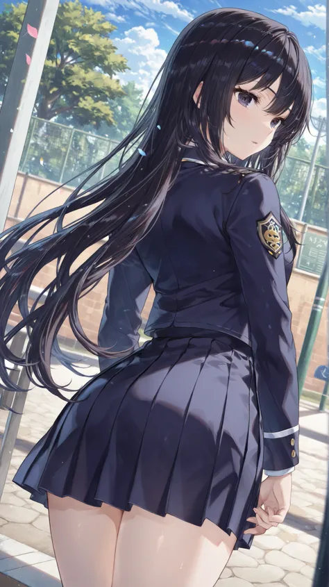 ((best quality))(masterpiece)(details)wearing a dark blue skirt that shows her thighs、Wearing a small dark blue uniform、long hair、dark eyes、black hair、(( rear angle ))、((from behind))、school yard