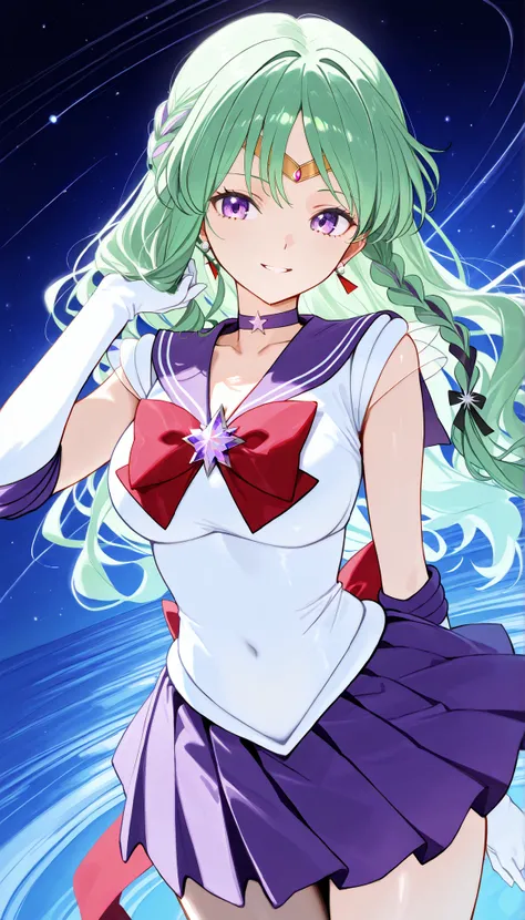 masterpiece, score_9, score_8_up, score_7_up, anime, pinup, Max Masterpiece, full twinkle, perfect face, best quality, high resolution, YakumoBase, 1girl, virtual youtuber,  green hair, long hair, wavy hair, side braid, parted bangs, purple eyes, purple ha...
