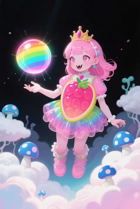 An image of a girl based on the pink-skinned jelly princess, with ivory-colored eyes,  With Vampire Tooth, dressed in a Rainbow fruit costume, with the power of levitation, a sphere of rainbow light emerges in her hand , around her clouds with creatures with blue mushroom faces 