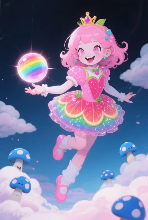 An image of a girl based on the pink-skinned jelly princess, with ivory-colored eyes,  With Vampire Tooth, dressed in a Rainbow fruit costume, with the power of levitation, a sphere of rainbow light emerges in her hand , around her clouds with creatures with blue mushroom faces 