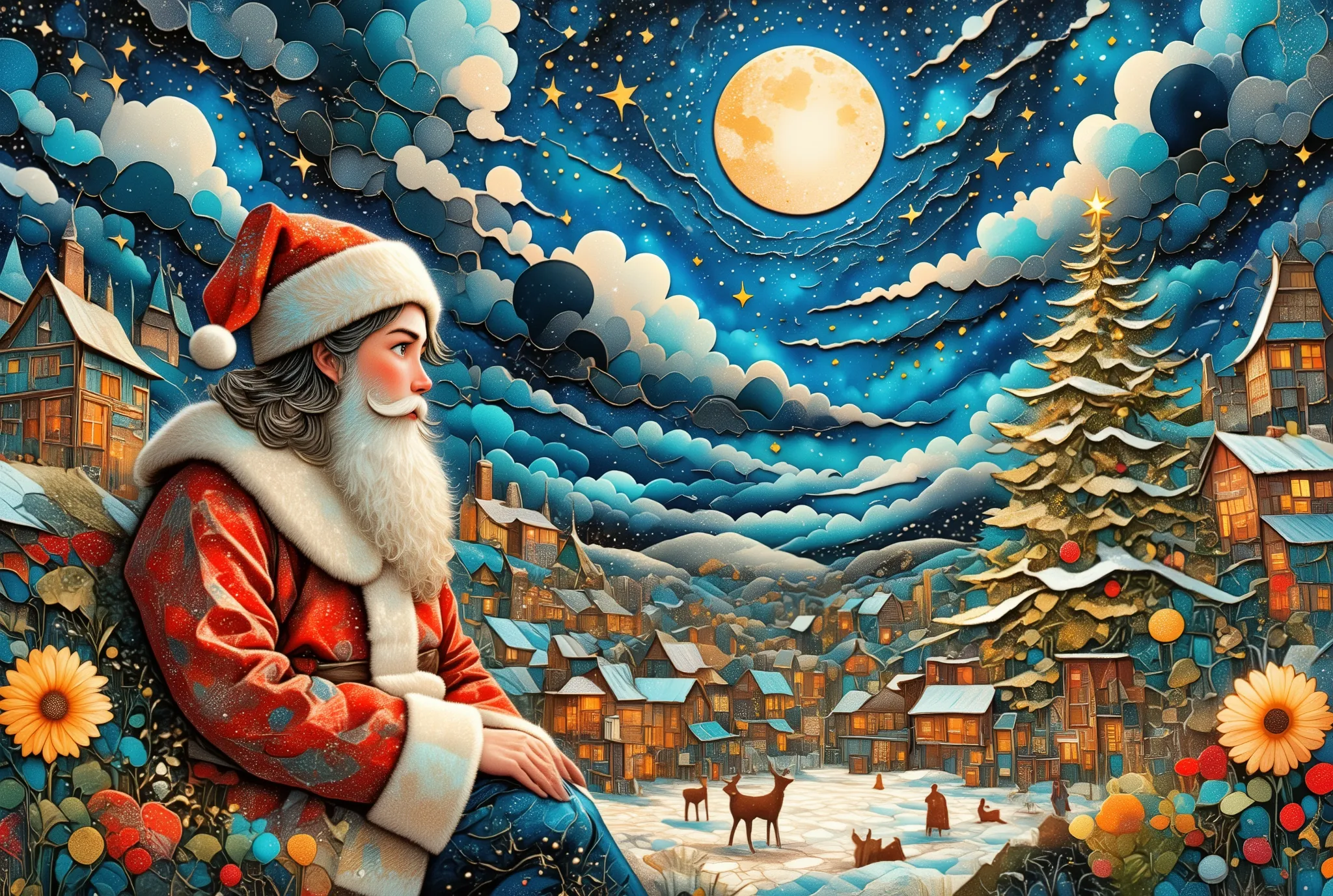 Woman cosplaying Santa Claus ,「 Merry Christmas 」,white,red,green,brown,light blue,Ultramarine,A color like a sunflower , surreal collage,a contemporary artistic collage,collage artwork, New Album Jackets , great job !! ,digital collage、(collage ...