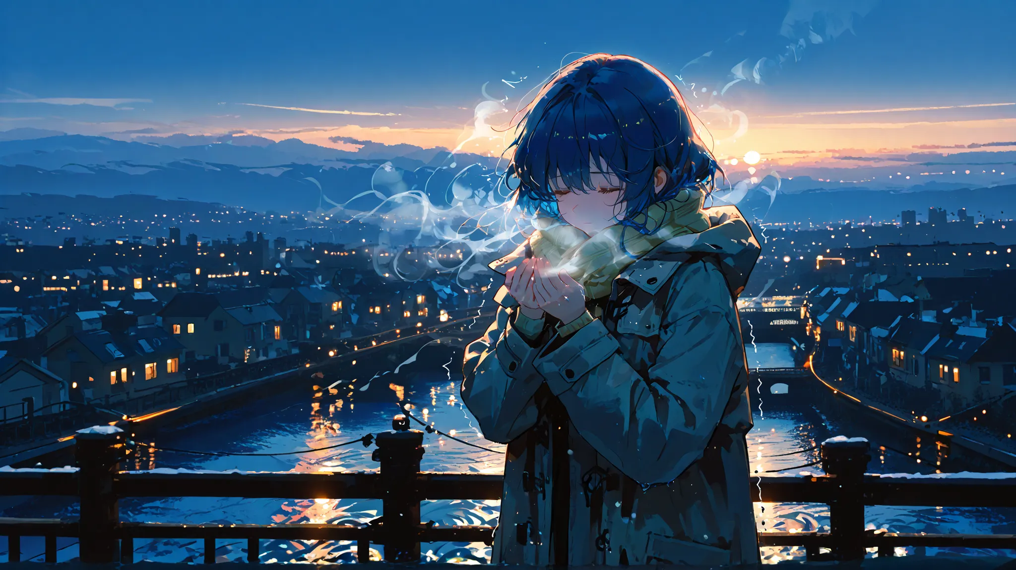1girl, standing alone on a bridge before sunrise, faint mist over a quiet river, distant city lights reflecting on water, cold wind, closed eyes, slightly trembling hands, wearing a long coat, atmosphere of healing and loneliness, symbolic threshold,blue h...