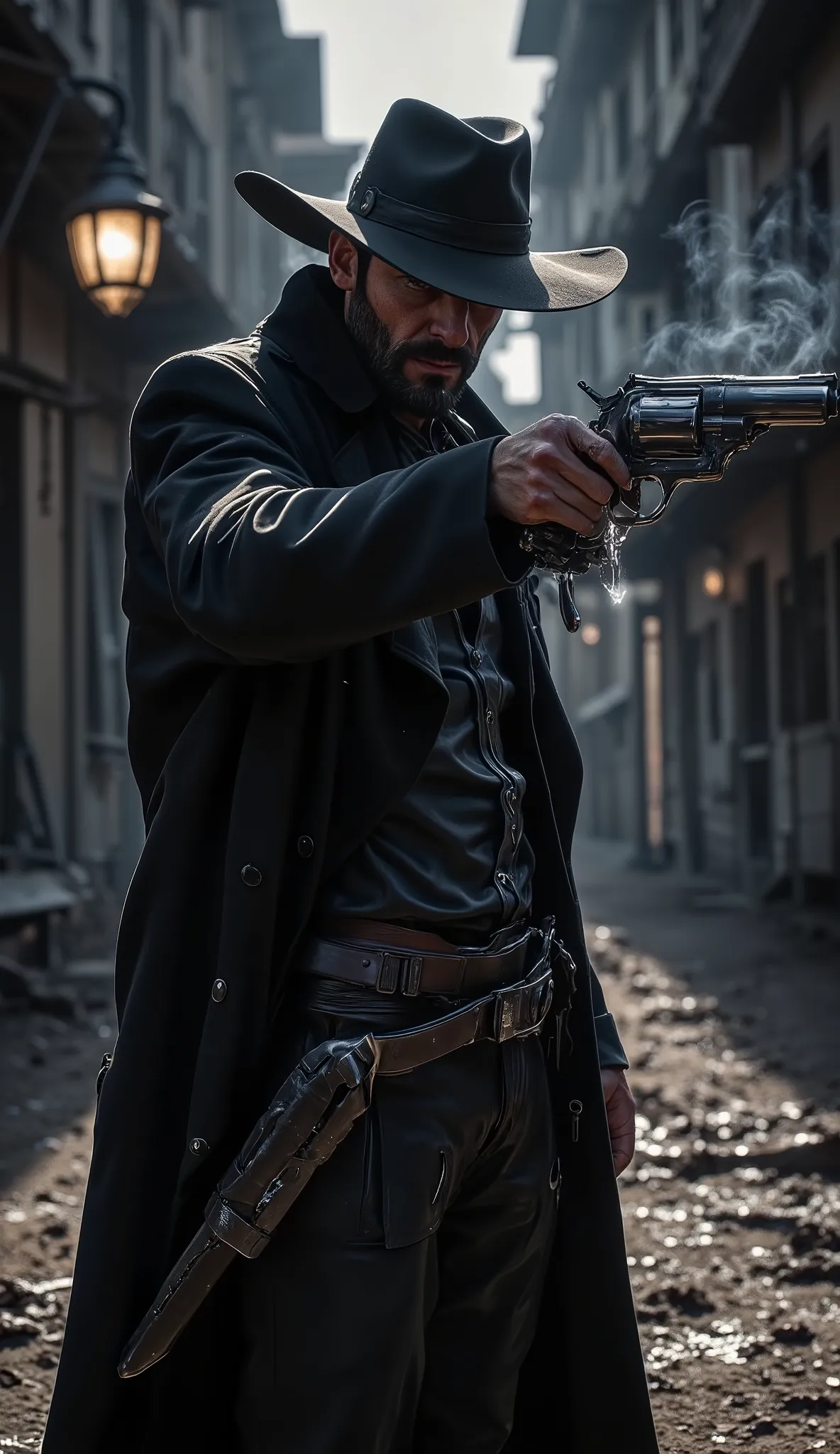 A hyperrealistic, cinematic ground-level shot of Jack Crowley, a rugged gunslinger, standing in the shadow-drenched streets of a forgotten frontier town. He is captured in an intense silhouette shot, his form outlined by harsh backlighting that spills from...