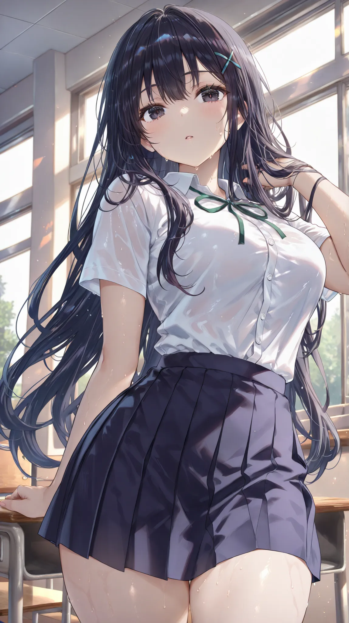 ((best quality))(masterpiece)(details)wearing a dark blue skirt that shows her thighs、Girl wearing a Y-shirt with small white buttons、It has a thin green ribbon、long hair、dark eyes、black hair、Classroom、Sweating