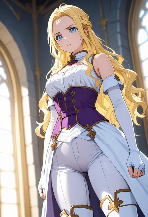 solo, ushio kofune, long hair, wavy hair, blond hair, braid, blue eyes, in a castle, medieval noble, medieval princess, white dress, sleeveless top, white gloves, arm gloves, Fingerless Gloves, white tight pants, white boots, purple corset, white thigh boo...