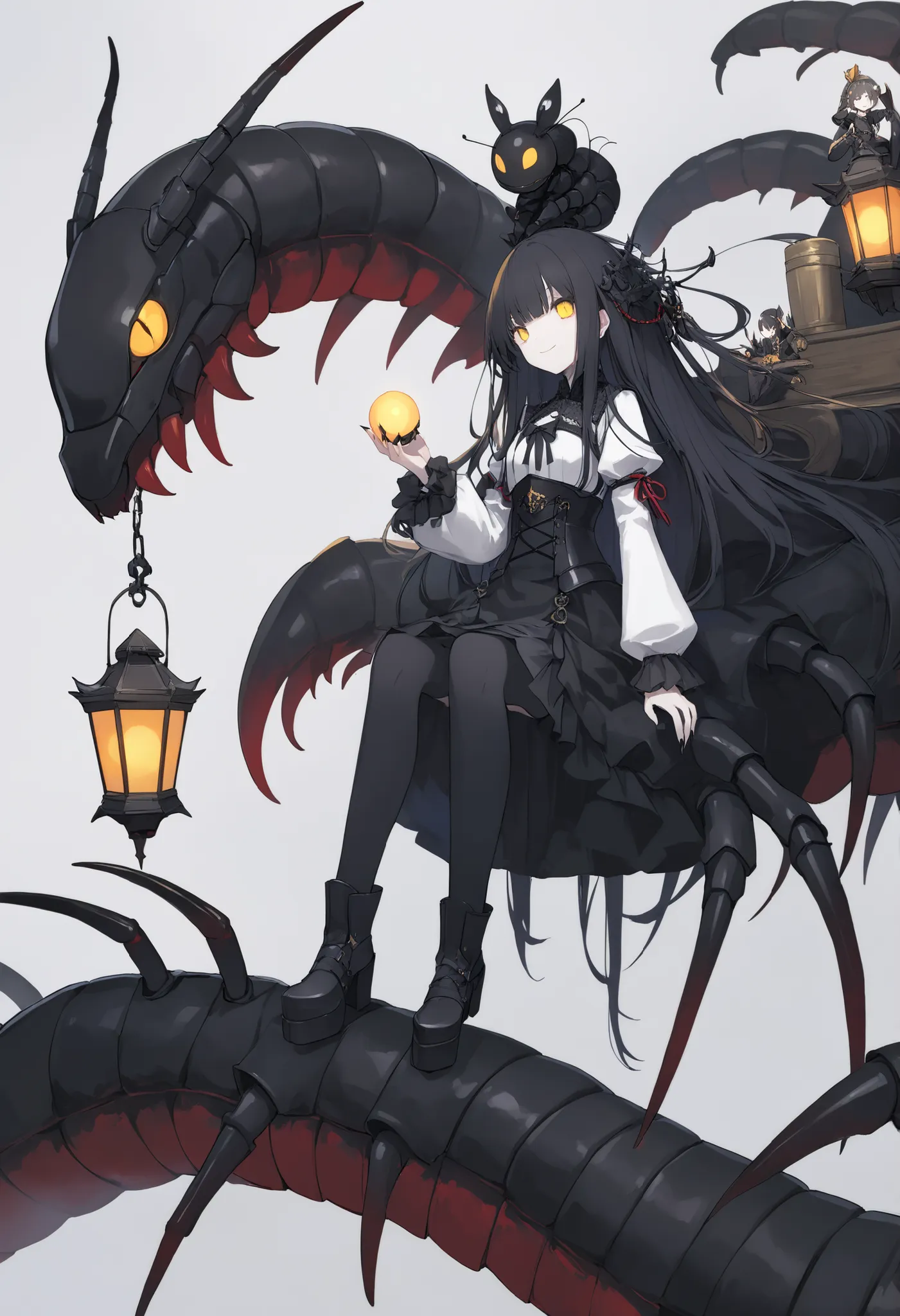 A girl sitting on a big centipede. Black hair. Long hair. Yellow eyes. Ironic smile. White skin. Armored arms. Sharp claws. Black gothic dress. Black metal boots. Lantern in hand. Centipede kaiju. Centipede lifting its head. Multiple eyes. Insect legs.
