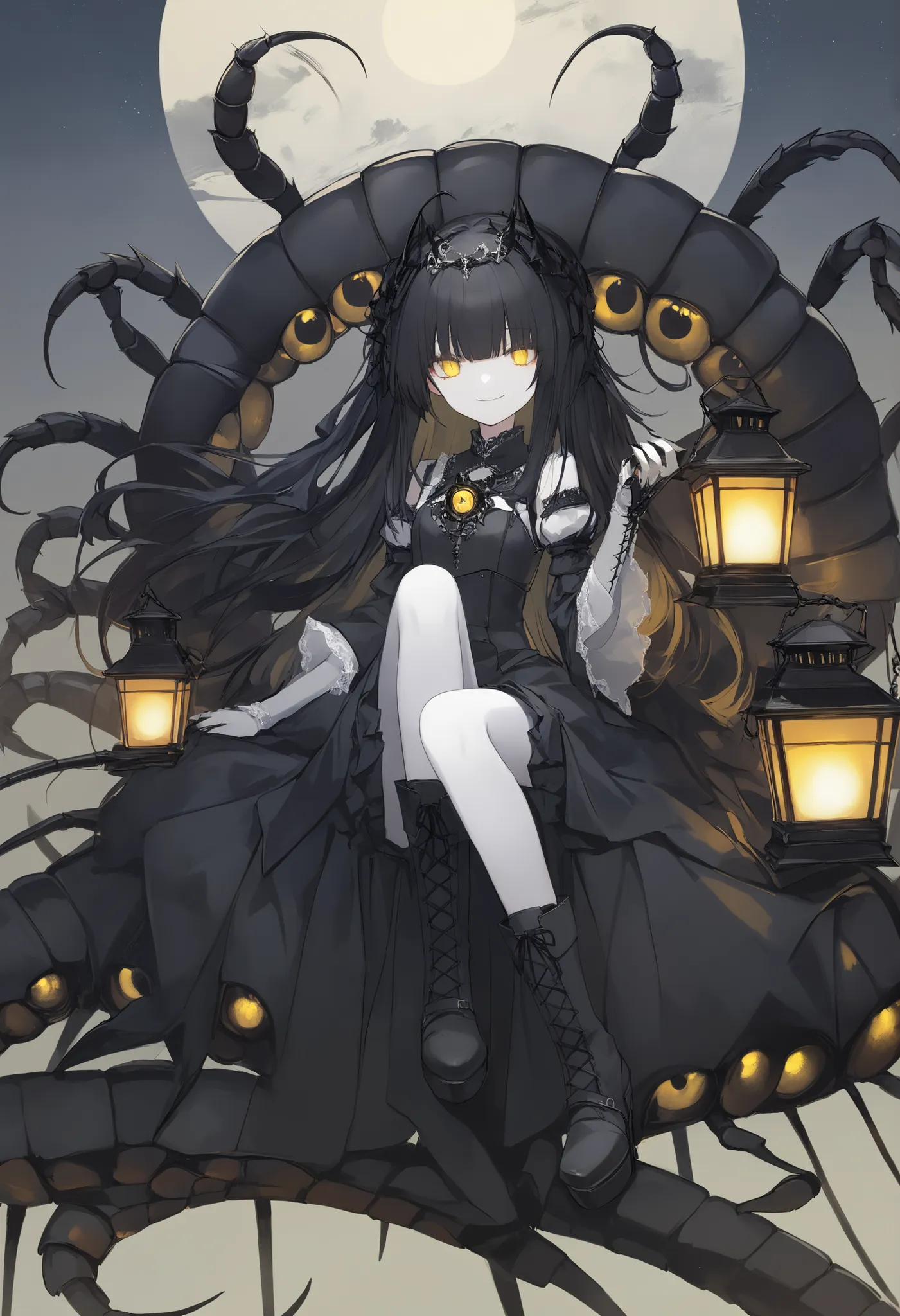 A girl sitting on a big centipede. Black hair. Long hair. Yellow eyes. Ironic smile. White skin. Armored arms. Sharp claws. Black gothic dress. Black metal boots. Lantern in hand. Centipede kaiju. Centipede lifting its head. Multiple eyes. Insect legs.