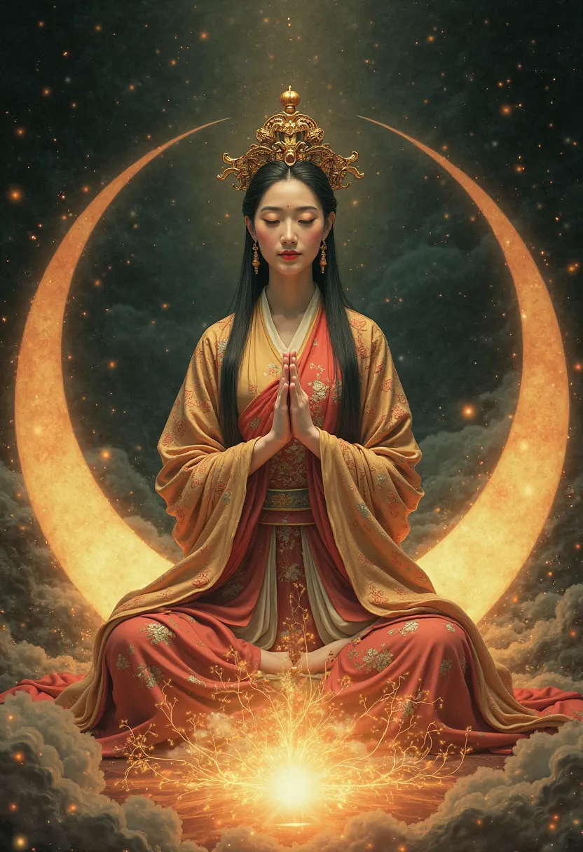 Botticelli style, Buddhism, Guanyin Bosatsu costume, Japanese woman in Tang dynasty costume sitting on crescent-shaped light, dark background, Radial Light Shines, 三日月形の光の上に座る, Japanese woman wearing Tang dynasty costume putting her left foot on top of her right foot, full body image, Varadamudra gesture