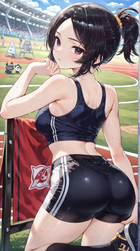 ((best quality))(masterpiece)(details)girl wearing dark blue tank top wearing black short socks、((thighs are visible))、I'm wearing black very short leggings、wearing black socks、 wearing black shoes 、short ponytail、((No bangs))、dark eyes、black hair、((Rangle...