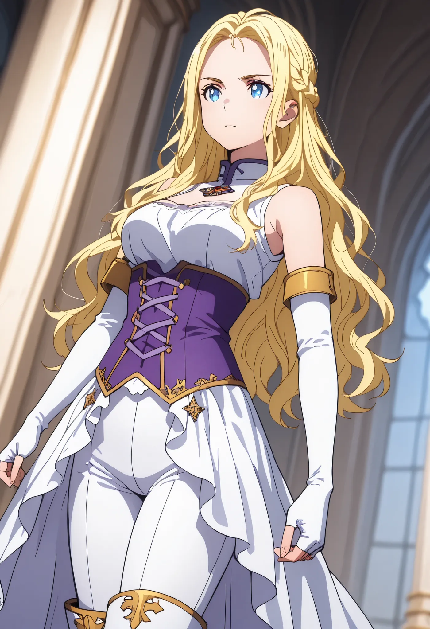 solo, ushio kofune, long hair, wavy hair, blond hair, braid, blue eyes, in a castle, medieval noble, medieval princess, white dress, sleeveless top, white gloves, arm long gloves, Fingerless Gloves, white tight pants, white boots, purple corset, white thig...