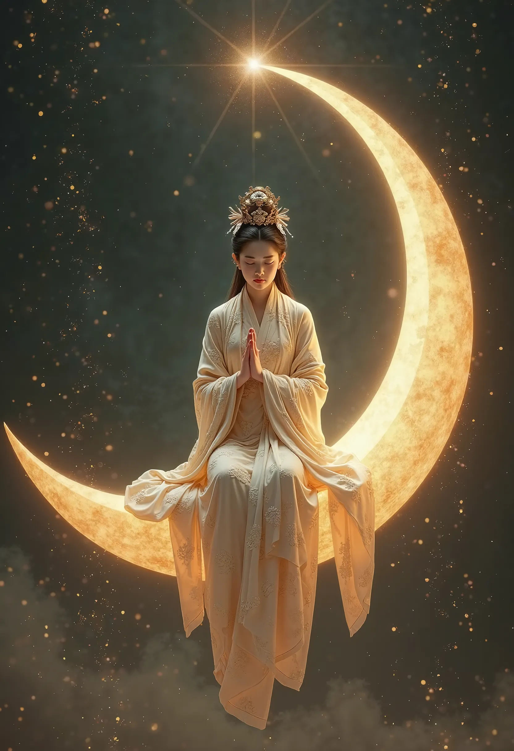 Botticelli style, Buddhism, Guanyin Bosatsu costume, Japanese woman in Tang dynasty costume sitting on crescent-shaped light, dark background, Radial Light Shines, 三日月形の光の上に座る, Japanese woman wearing Tang dynasty costume, half-seated, putting her left foot on top of her right foot, full body image, hand sign "Varadamudra gesture"