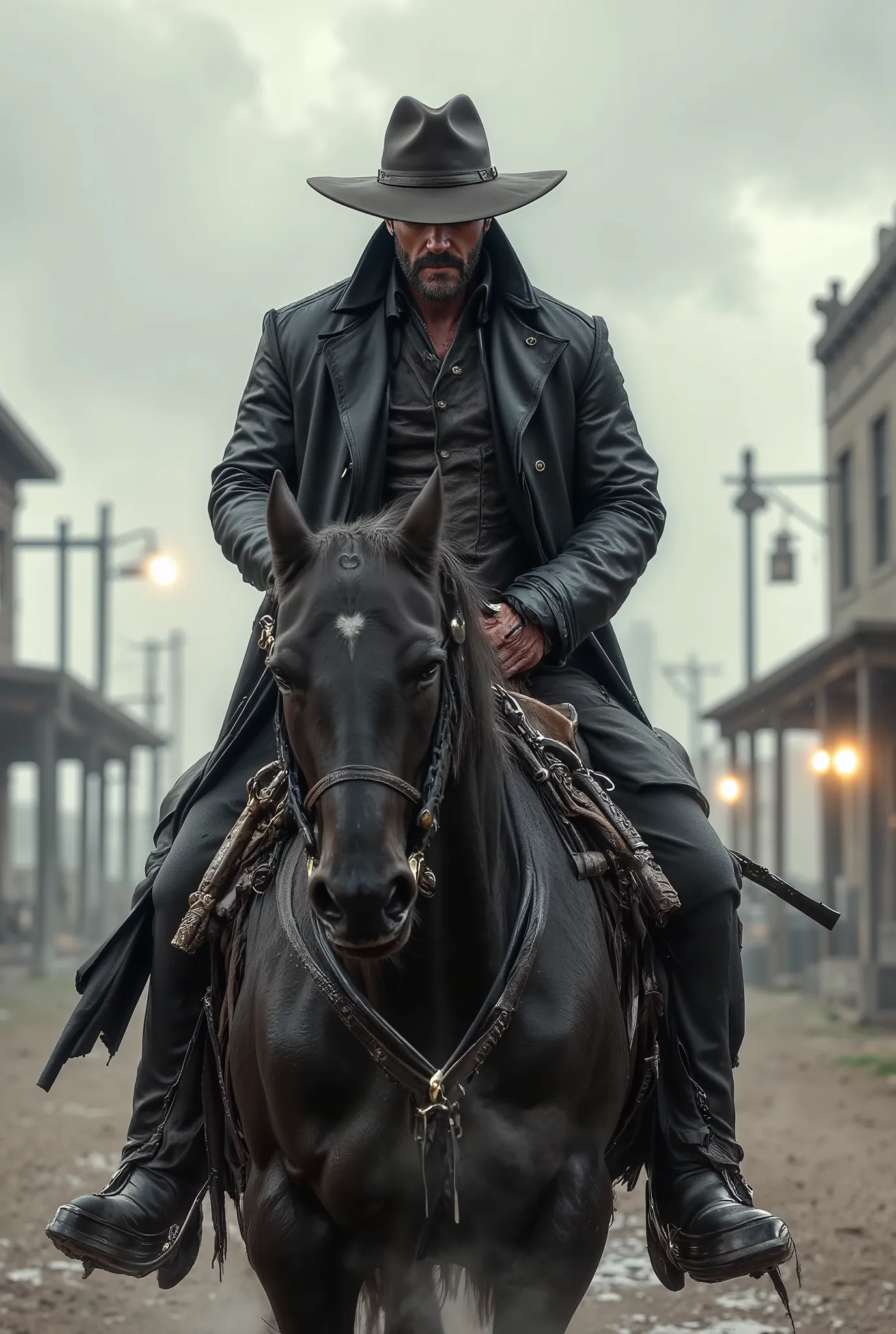 A hyperrealistic, cinematic ground-level shot of a gunslinger riding a powerful black horse through the muddy, rain-soaked streets of a decaying frontier town. He wears a long, dark leather overcoat, its edges weathered and flapping slightly in the wind. A...