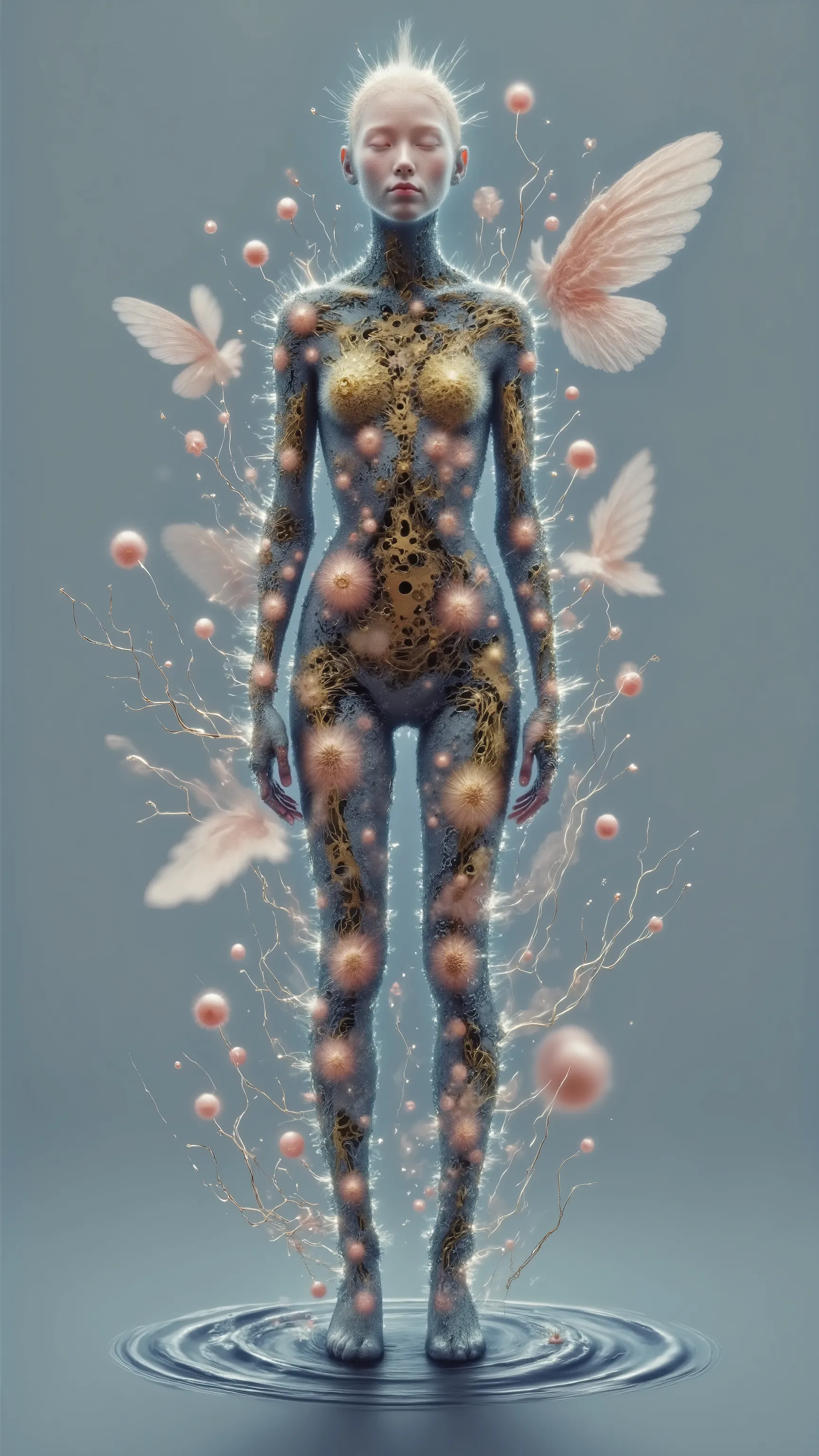Fluttering around the android、Crunching figure with a sad expression。pale skin、delicateな幾何学模様の機械肢、A transparent mesh structure covers the body。Golden mechanical parts are dotted、Highlighting the complex structure。肩から垂れ下がる長くdelicateな繊維状の構造物、Shadow projected...
