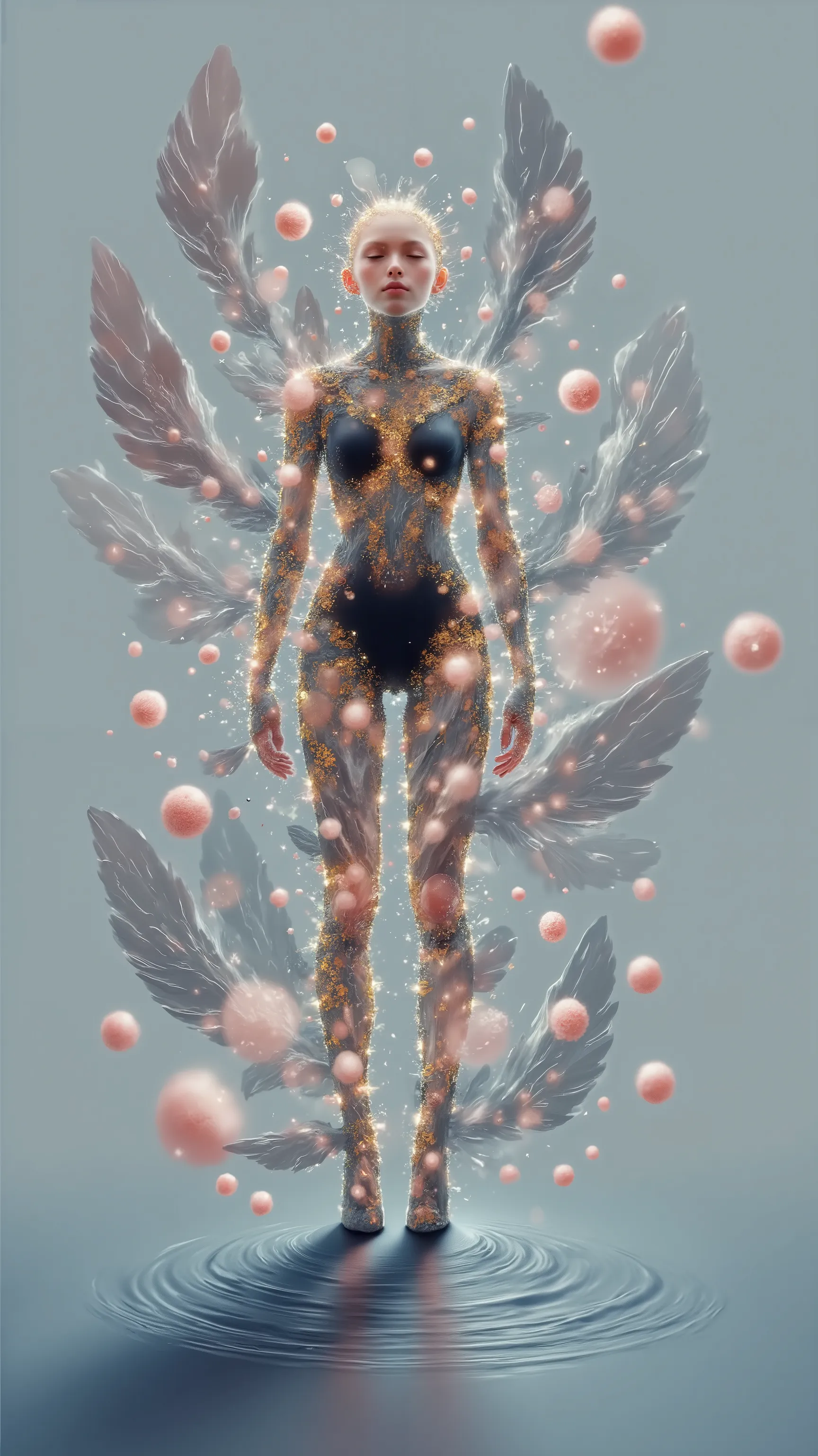 Fluttering around the android、Crunching figure with a sad expression。pale skin、delicateな幾何学模様の機械肢、A transparent mesh structure covers the body。Golden mechanical parts are dotted、Highlighting the complex structure。肩から垂れ下がる長くdelicateな繊維状の構造物、Shadow projected...