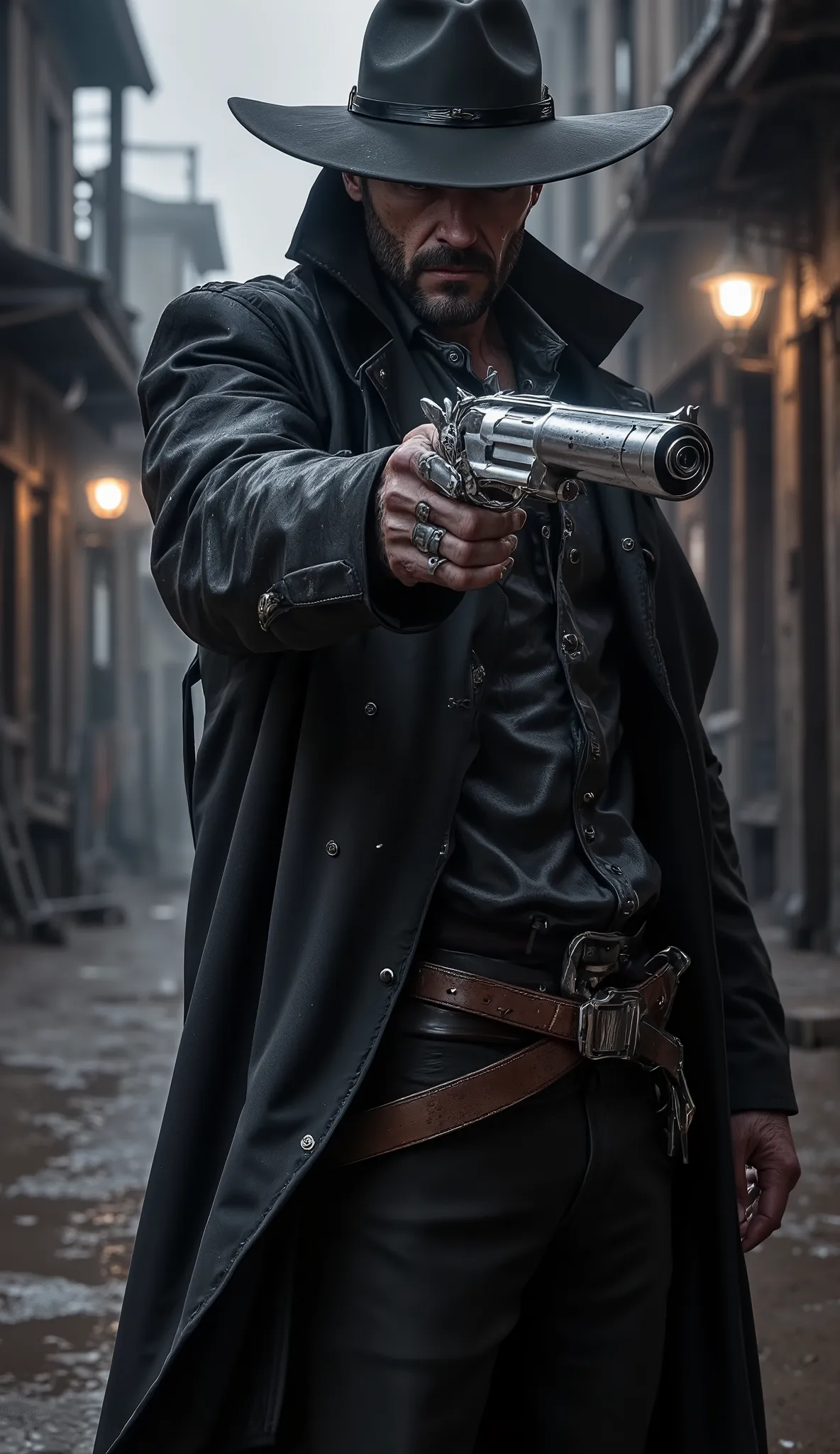 A hyperrealistic, cinematic ground-level shot of Jack Crowley, a rugged gunslinger with an unyielding gaze, standing in the shadow-soaked streets of a forgotten frontier town. He wears a long, dark leather overcoat that drapes heavily over his frame, and a...