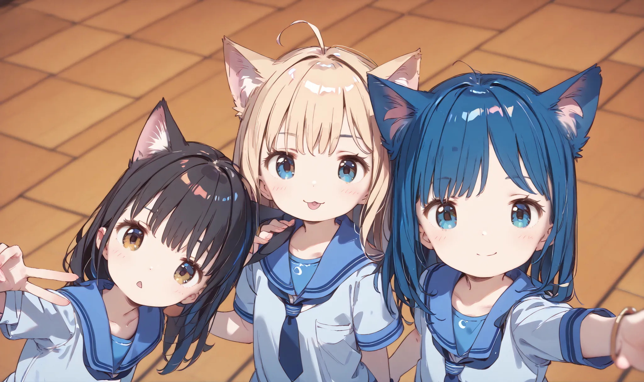
high image quality、High Quality、8ｋ、4ｋ、3 girls、Young girl、Juvenile body、 immature body、 lori、 lori体形、Cat ears、 selfies between college students、Commemorative Photo