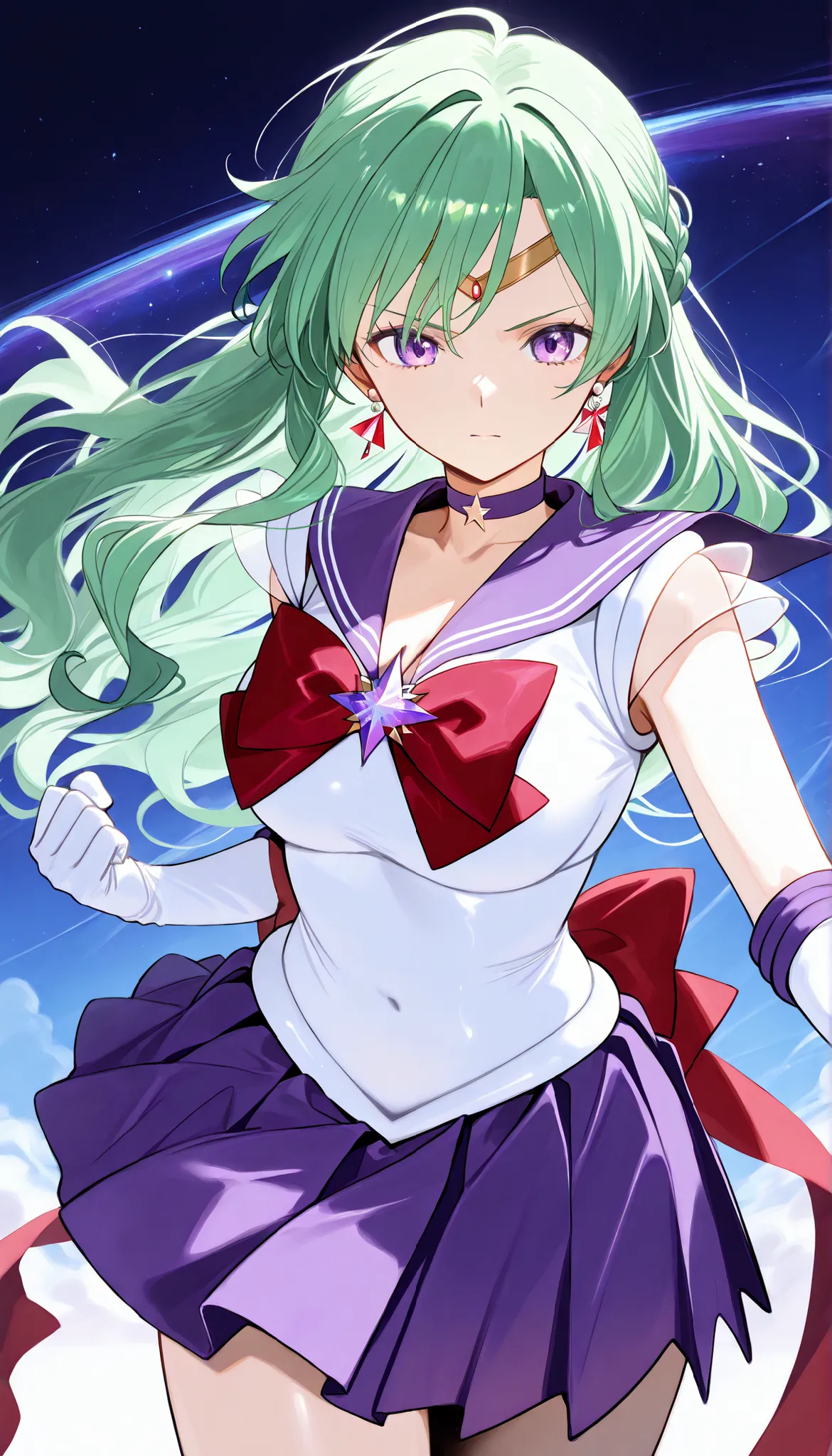 masterpiece, score_9, score_8_up, score_7_up, anime, pinup, Max Masterpiece, full twinkle, perfect face, best quality, high resolution, YakumoBase, 1girl, virtual youtuber,  green hair, long hair, wavy hair, side braid, parted bangs, purple eyes, purple ha...