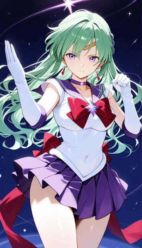 masterpiece, score_9, score_8_up, score_7_up, anime, pinup, Max Masterpiece, full twinkle, perfect face, best quality, high resolution, YakumoBase, 1girl, virtual youtuber,  green hair, long hair, wavy hair, side braid, parted bangs, purple eyes, purple ha...