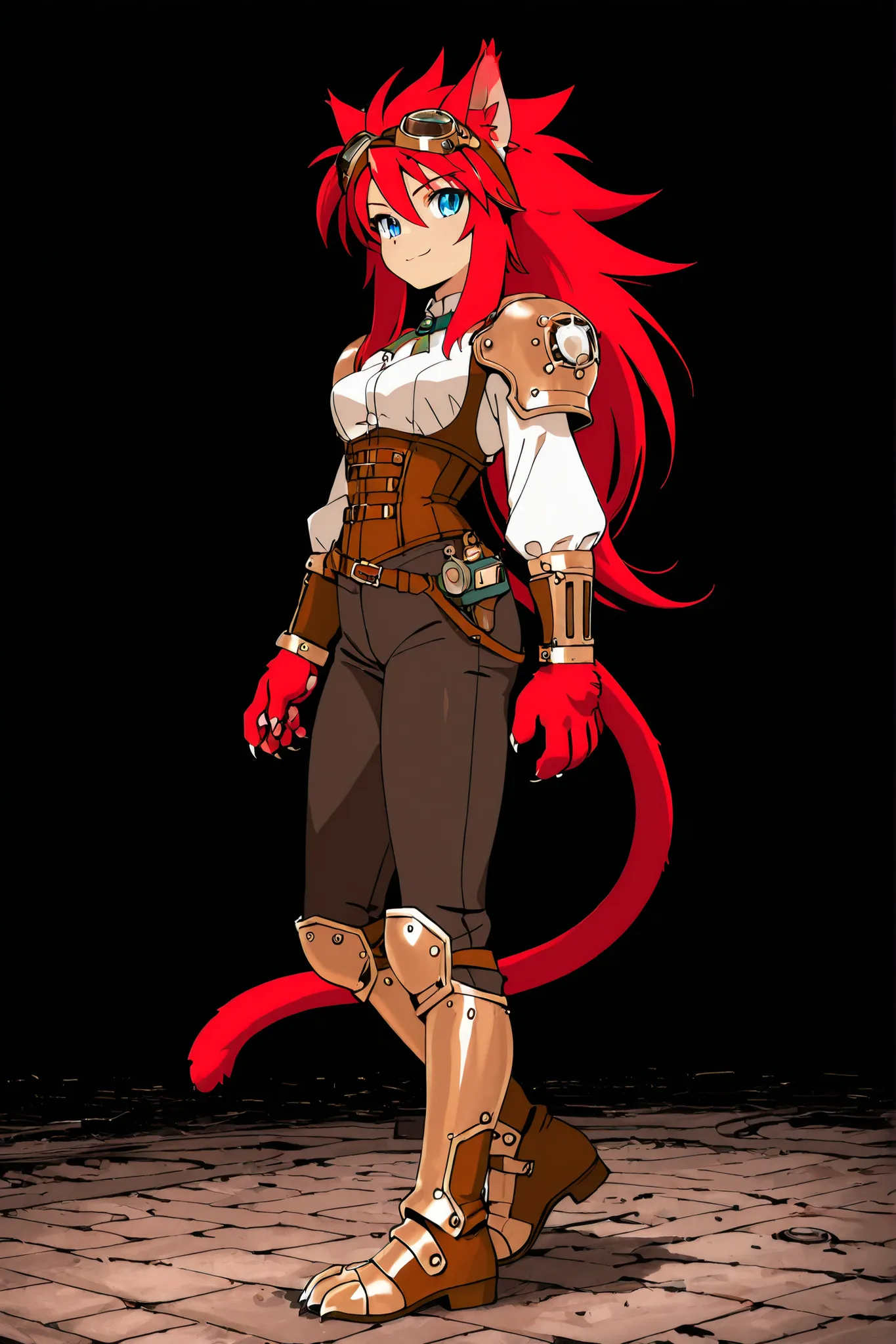 ((solo:5.5)), best quality, masterpiece, 2d, intricate details, anime, anime style, full body picture, ((front side view)), catgirl, 1girl, red hair, spiked hair, blue eyes, enchanting eyes, wild hair, long hair, small smile, animal ears, red ears, red cat...