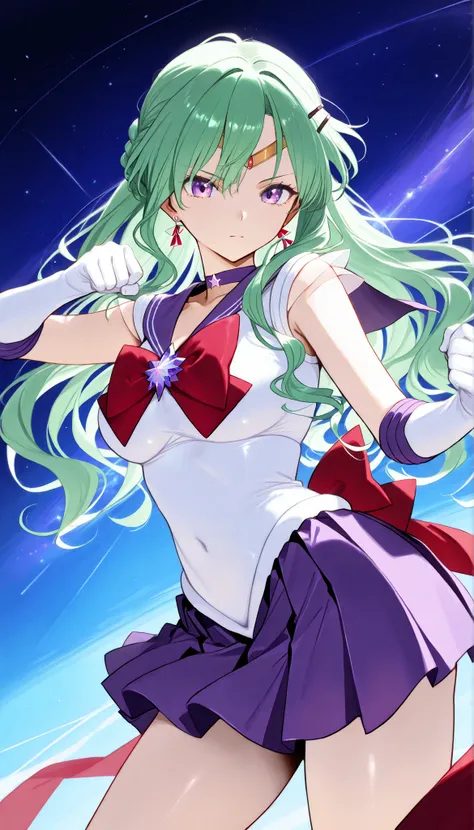 masterpiece, score_9, score_8_up, score_7_up, anime, pinup, Max Masterpiece, full twinkle, perfect face, best quality, high resolution, YakumoBase, 1girl, virtual youtuber,  green hair, long hair, wavy hair, side braid, parted bangs, purple eyes, purple ha...
