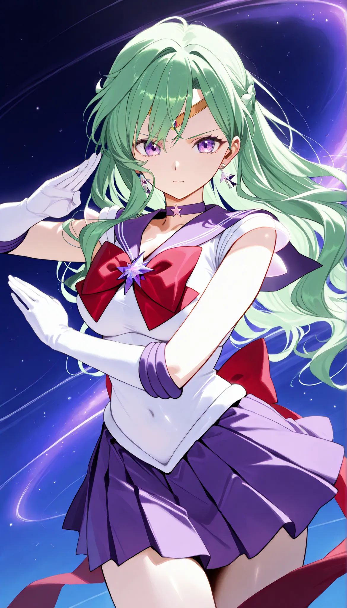 masterpiece, score_9, score_8_up, score_7_up, anime, pinup, Max Masterpiece, full twinkle, perfect face, best quality, high resolution, YakumoBase, 1girl, virtual youtuber,  green hair, long hair, wavy hair, side braid, parted bangs, purple eyes, purple ha...