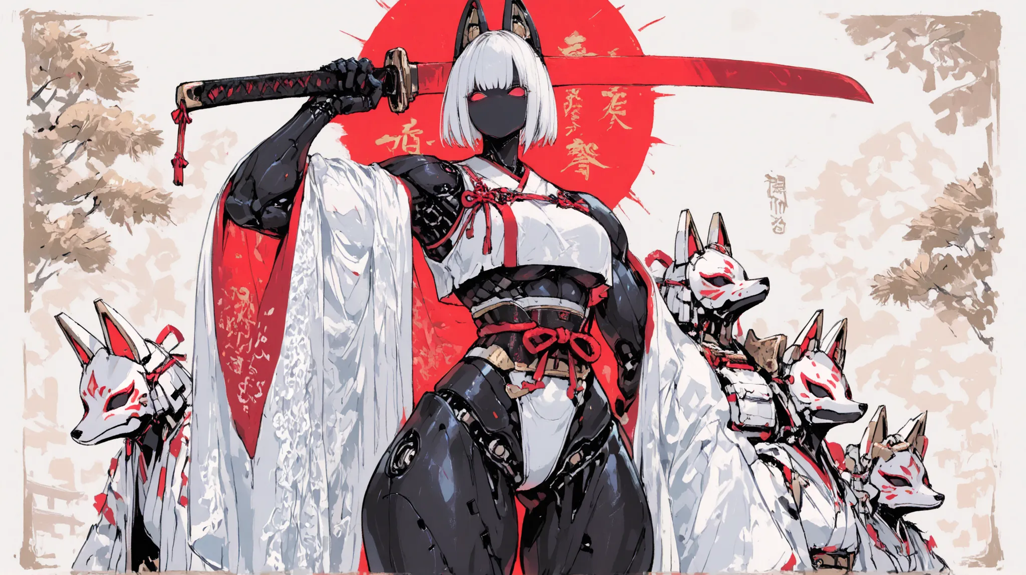 masterpiece, Ultra High Definition, 8k, single female android, front view, is facing forward, center position, middle, solo, chest, big chest, huge chest, chest bigger than head, black android body, No mouth, Robotic Body, Cowboy Shot, empty red eyes, Sh...