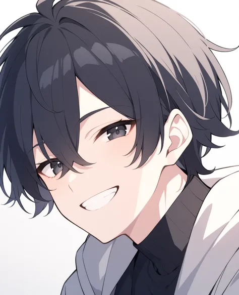 Boy, black eyes, medium black hair, attractive looks, smiling, 