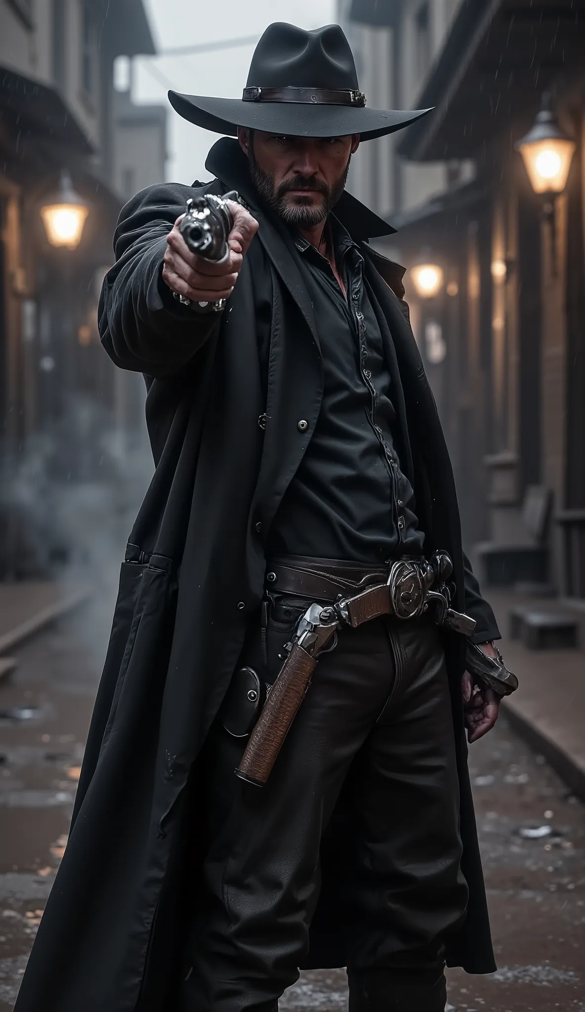 A hyperrealistic, cinematic ground-level shot of Jack Crowley, a hardened gunslinger, standing in the shadow-drenched alley of a desolate frontier town. He is captured in dramatic silhouette, framed by harsh backlighting that spills from a distant oil lamp...