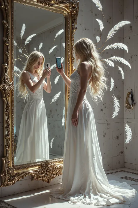 hermine in bath, taking/making selfie with iphone in front of big mirror, a lot of feathers are levitating, hermine wearing a beautiful white jumpsuit, selfie with iphone, one way shot, one body