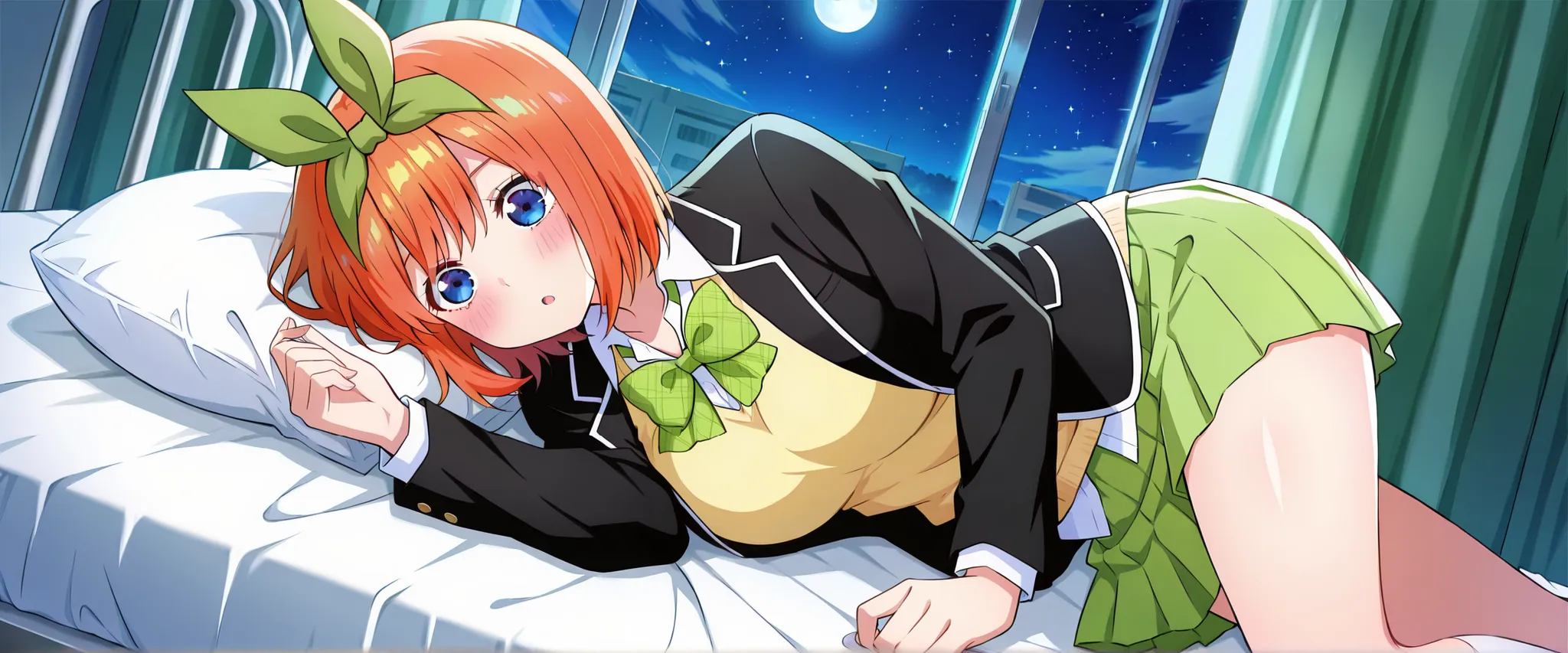 1girl,depression yotsuba, large breasts, orange hair, blue eyes, short hair, hair between eyes,green bow hairband, black blazer, open blazer, yellow sweater vest, white collared shirt, bowtie, plaid bowtie, green skirt, pleated Infirmary,bed,screen,lie dow...