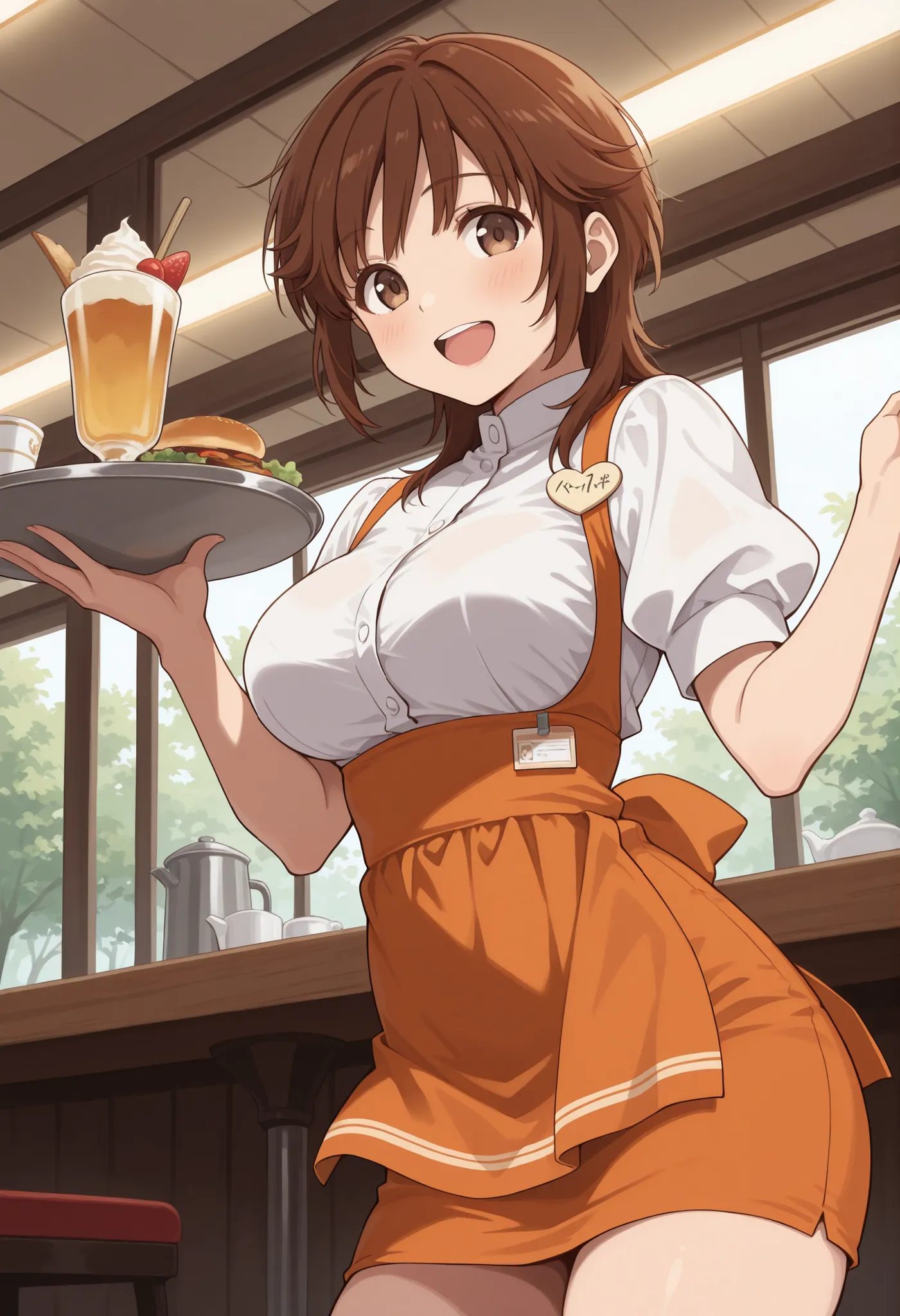 Score_9, score_8_up, score_7_up, source_anime, srkho, solo, brown hair, medium hair, brown eyes, large breasts, (best quality), (high quality), {masterpiece}, extremely delicate and beautiful, ultra-detailed, beautiful detailed eyes, anna miller, waitress,...